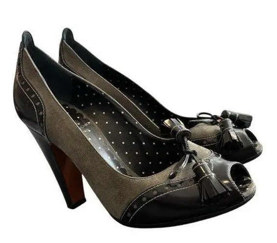 Moschino Italy Black & Gray Suede Leather Peep Toe Pumps Women’s Size 6.5