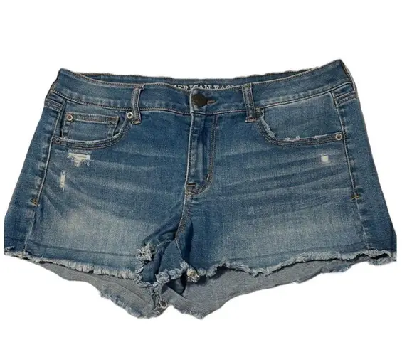 American Eagle Super Stretch X Shortie Frayed Hem Blue Jean Denim Shorts 