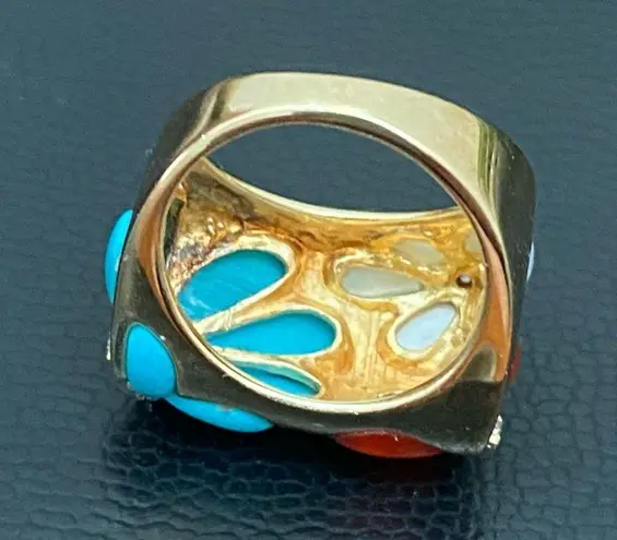 PJM 925 Gold Over Sterling CZ Turquoise Carnelian Gem Flower Design Ring Size 6