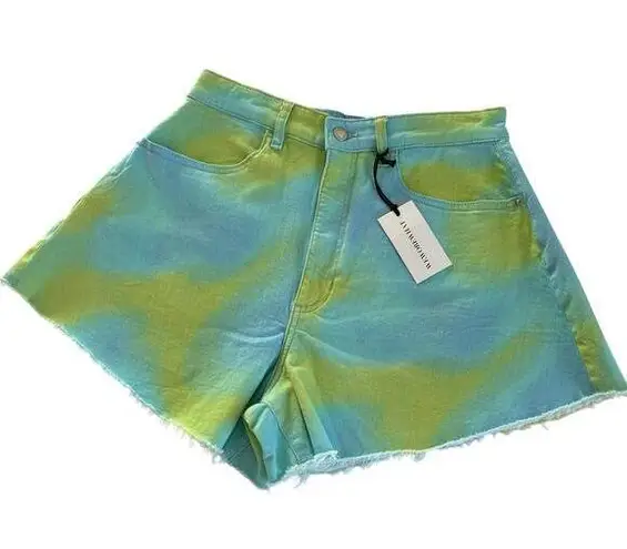We Wore What Revolve Flare Bell Short Stretch Twill Denim Blue & Green Tie Dye 28