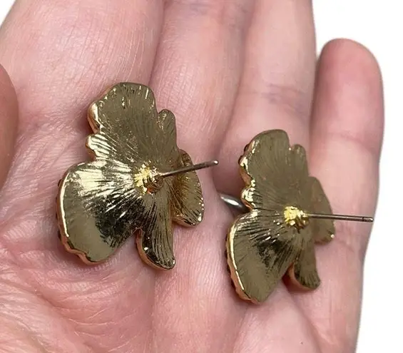 Vintage Unsigned Gold Tone & Green Rhinestones Flower Clover Post Earrings Retro