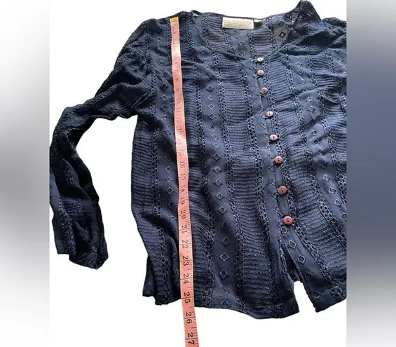 Vintage Passports Pier 1 long sleeve semi sheer navy embroidered button up top L Blue Size L