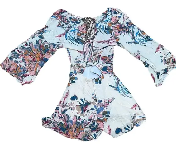 Women's S Floral Abstract Long Sleeve Wrap Romper Deja Vu