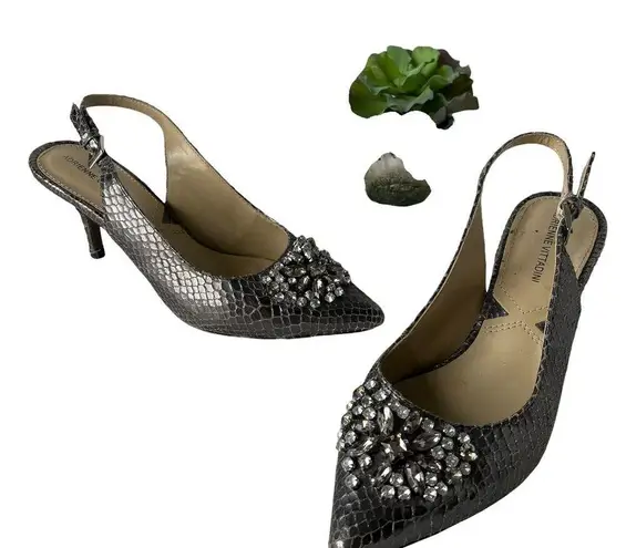 Adrienne Vittadini Surya Slingback Shoes Sz 6M Snake Skin Crystals Pewter Glam
