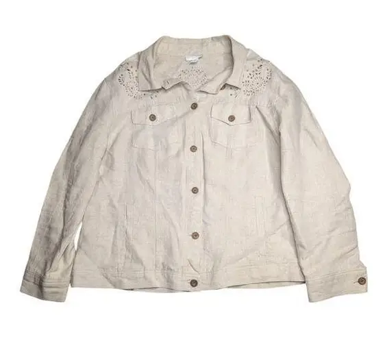 Vtg Y2K Charter Club Beige 100% Linen Embellished Button Up Shirt Jacket 2X Tan