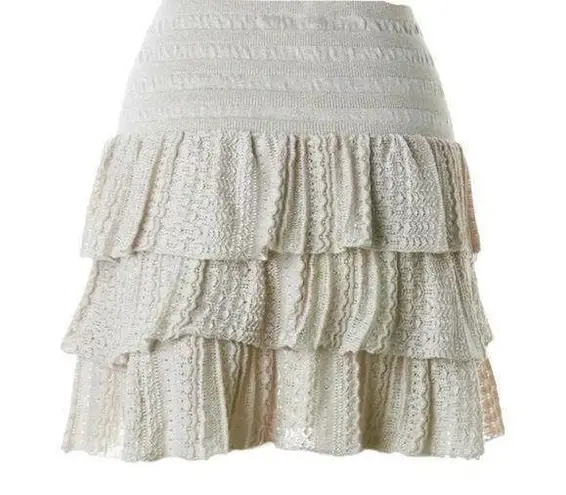 Maje Tiered Ruffle Sparkle Natural Metallic Crochet Mini Skirt, Size 3