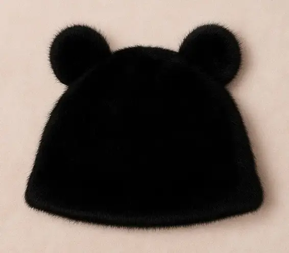 Black Faux Fur Teddy Bear Ear Beanies – High Quality Winter Hat 🐻