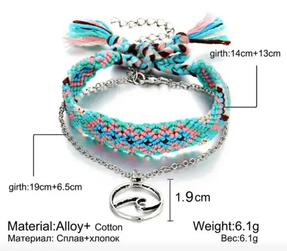 2pc Vsco Woven Rope& Silver Anklet Blue