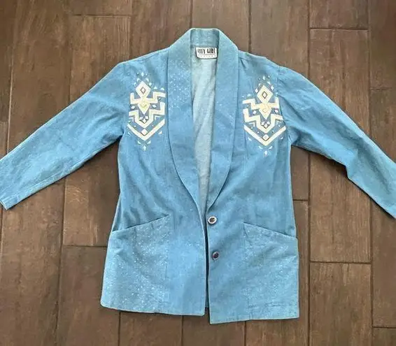 Vintage 90s City Girl Denim Southwest and Gold Blazer with Glitter Sz 6? Petite Blue