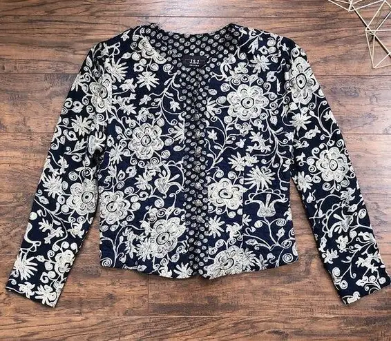 vintage • 90s floral quilted jacket navy cream rayon cropped JSJ Petites boho