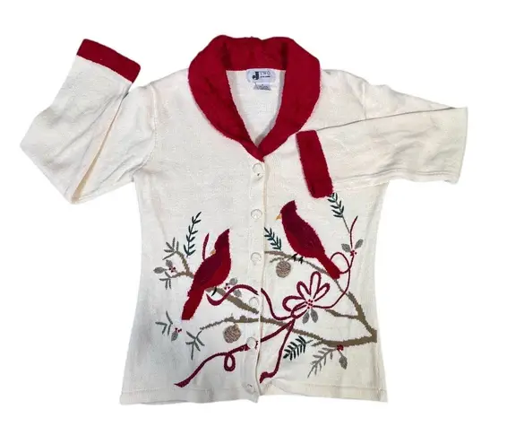 JTwo Women's Shawl Collar Knit Cardigan Sweater Size Small Cream Red Holiday