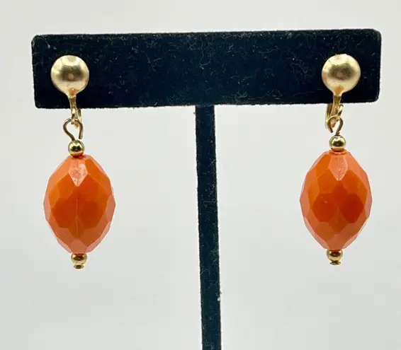Vintage Gold Tone Screw On Earrings Orange Facetted Beaded Drop Dangle Retro