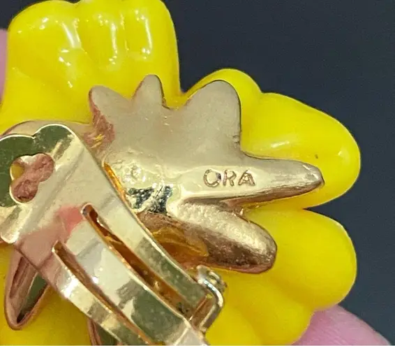 Vintage ORA Signed Orange Plastic Poppy Flower Faux Pearl Brooch & Earrings Set