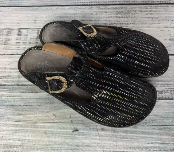 Alegria Leather Slip On Shoes Black Multi Pattern Comfort Clog Mary Jane 7