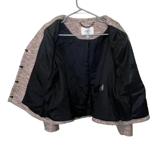 LK Bennett Tweed Fringe Blazer Women’s Size 12 Pink Shoulder Pads Zip Jacket Black