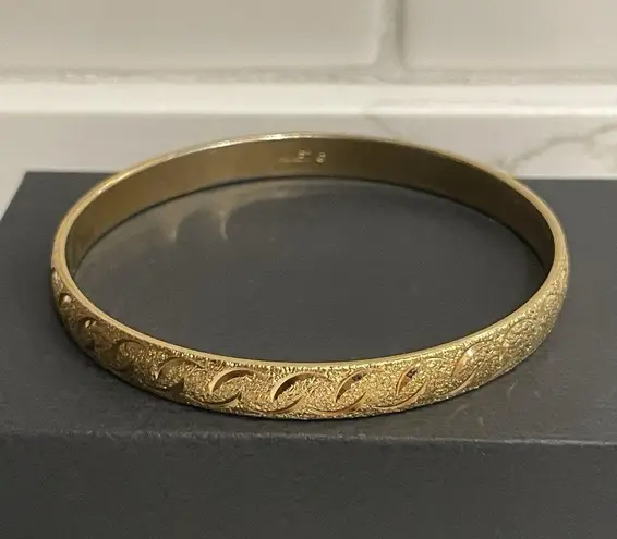 Vintage Monet Bangle Bracelet Etched Goldtone Signed Retro MCM Metal 2.5" Gold