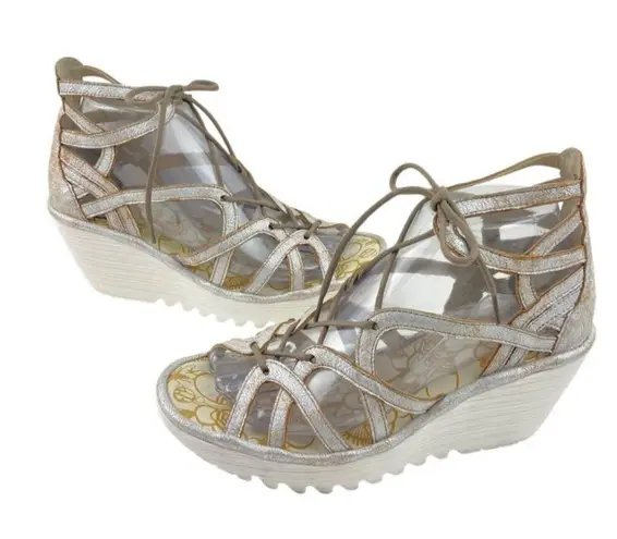 Fly London * Yuke Sandal Womens Size 38 Wedge Strappy Gladiator White Metallic