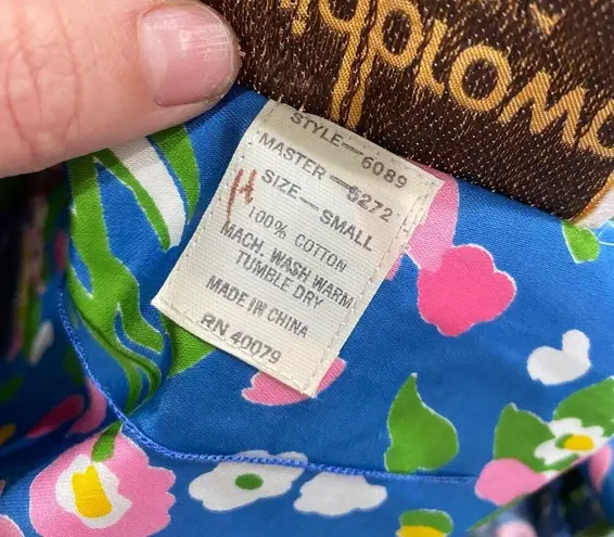 Vintage David Brown Floral Bouquet Cotton Zip Up Belted Caftan Dress Size Small Blue