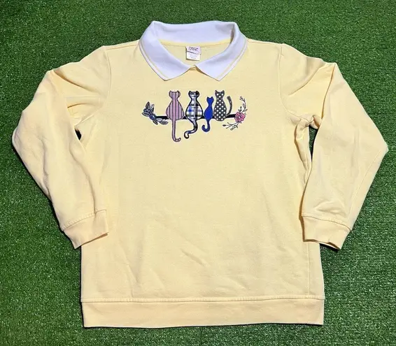 Vintage Cat Sweater Women SM 80s Butter Yellow Collard Sweatshirt Patchwork NWOT