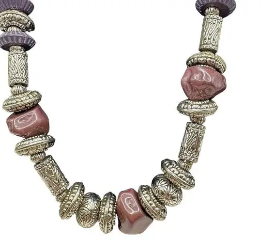 Handmade Mix Media Artisan Silver and Purple Bead Chunky Statement Boho Necklace