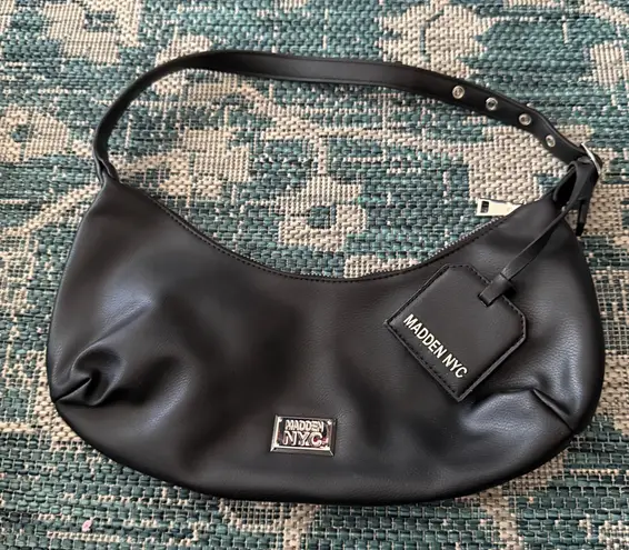 Madden NYC Black Faux Leather Shoulder Baguette Bag Y2K Style Adjustable Strap