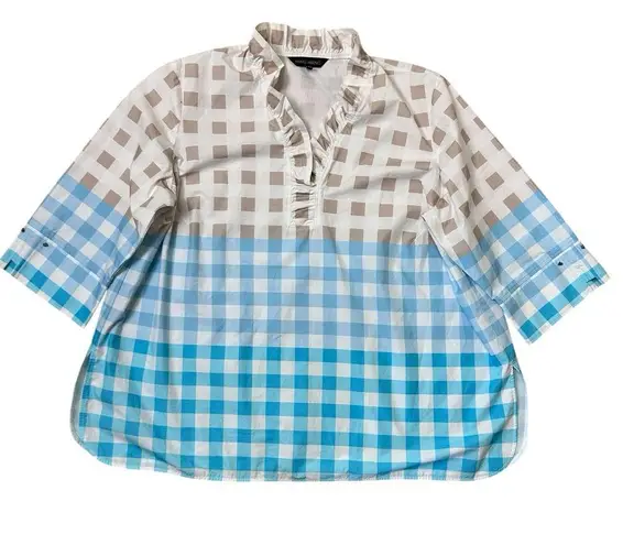 Ming Wang Top Womens 2XL Tan Blue Check Gingham Poplin 100% Cotton Tunic Ruffle