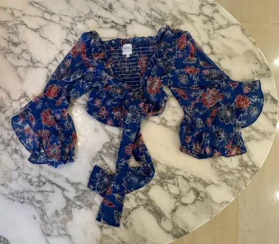 MISA Los Angeles NWOT $275 Blue Floral V-Neck Smocked Crop Blouse Top Size M