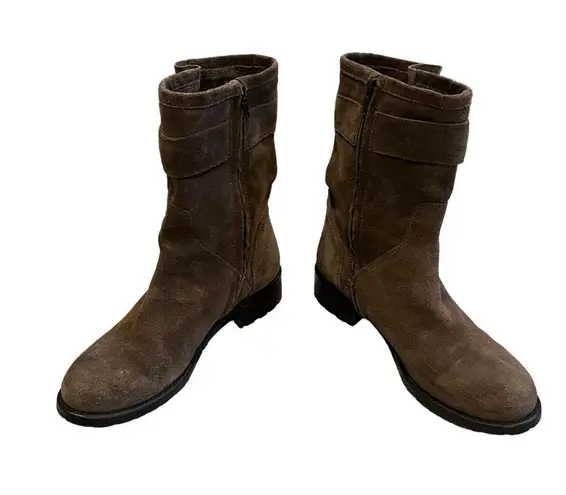 Garnet Hill Taupe Suede Buckle Accent Mid Calf Moto Boot, Sz 6.5