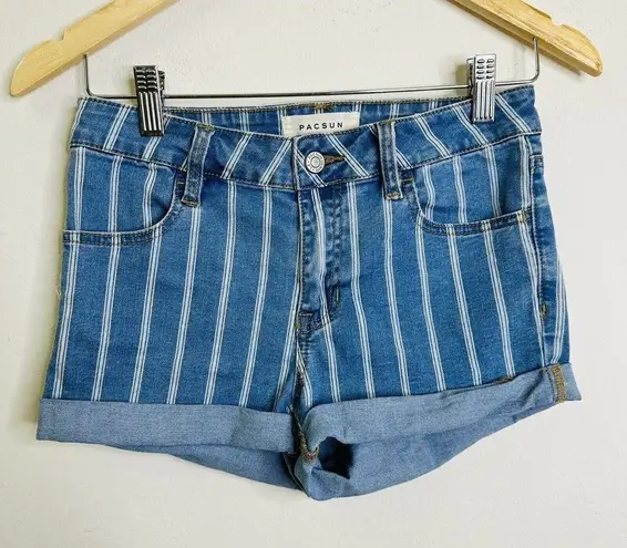 PacSun  Super Stretch Shortie Short 27 Blue Stripe Denim Rolled Cuffs High Rise