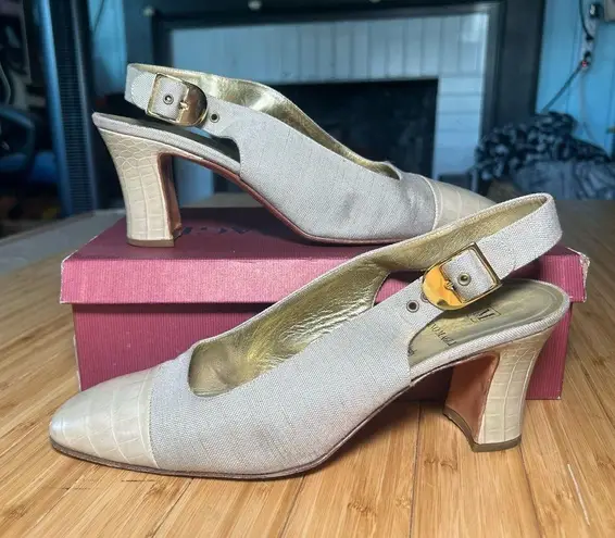 Bruno Magli Cream Canvas Band Slingback Heels with Cap Toe Size 10 White