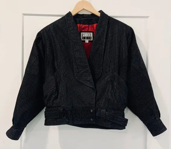 Vintage 90s Pelle CUIR Genuine Black Leather Crop Moto Biker Jacket Size XS
