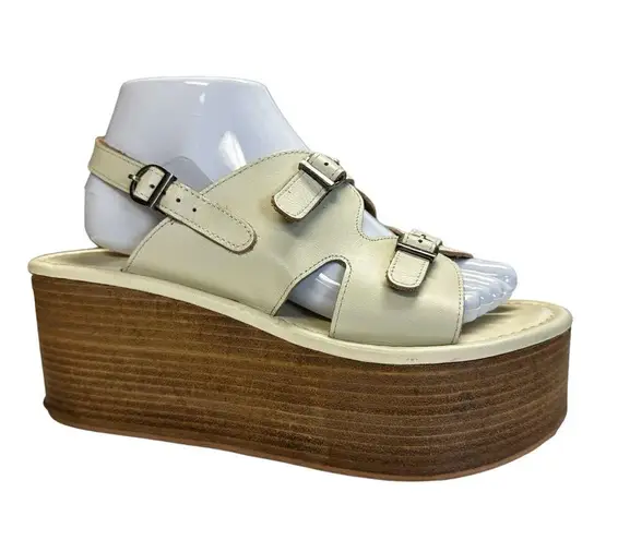 Anthropologie  Sandals Womens 39 Cream Leather Buckle Platform Wedges