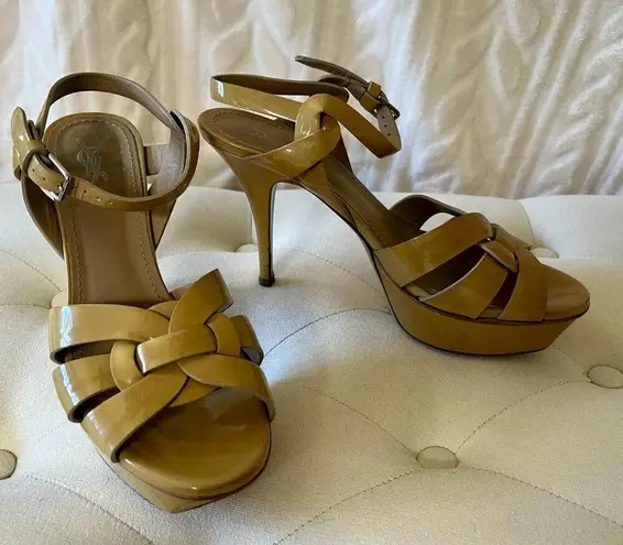 YSL Yves Saint Laurent Dark Beige Patent Leather Tribute Sandals