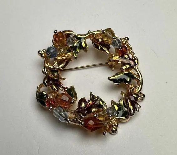 Fall / Autumn Wreath Enamel & Bead Brooch Pin Gold Tone Nice For Thanksgiving