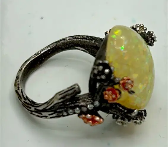 Signed 925 Sterling Cherry Blossom ring with simulated (faux) opal White