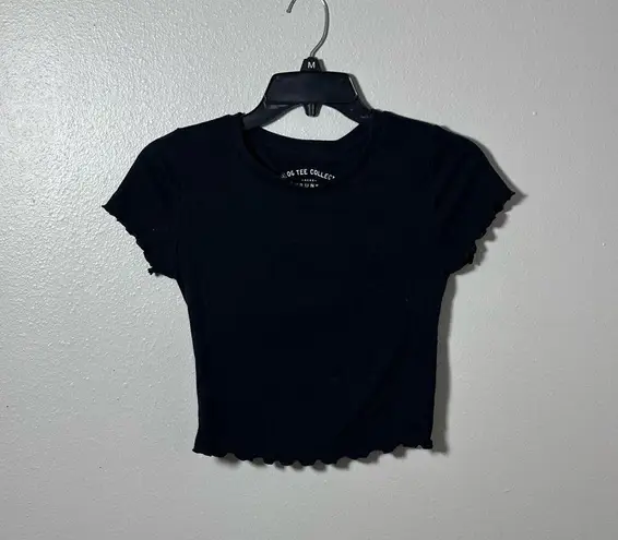 Aero Women Black Ribbed Shrunken Ruffle Hem Cropped Tee size S