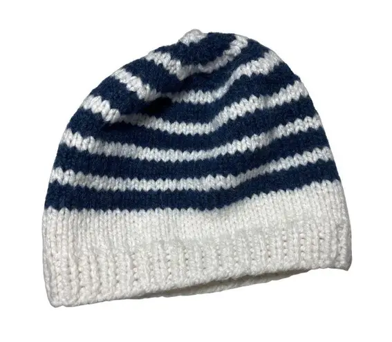 Handmade Hand-Knitted Navy & White Striped Wool Beanie Hat For Adults 18n