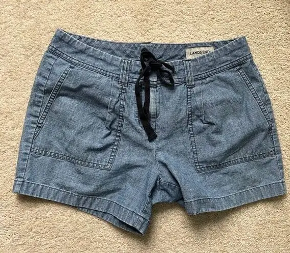 Lands' End Chambray Shorts Women's Casual Drawstring Pockets Blue Size 8
