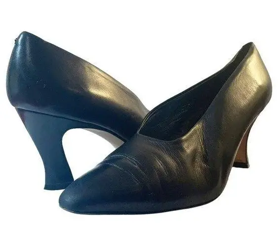 via spiga Heels Vintage Black Leather Elongated Square Toe Pump Womens Size 11AA