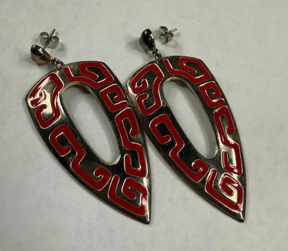 Retro Red and Silver Color Metal Dangle Earrings Pierced Post Aztec Tribal