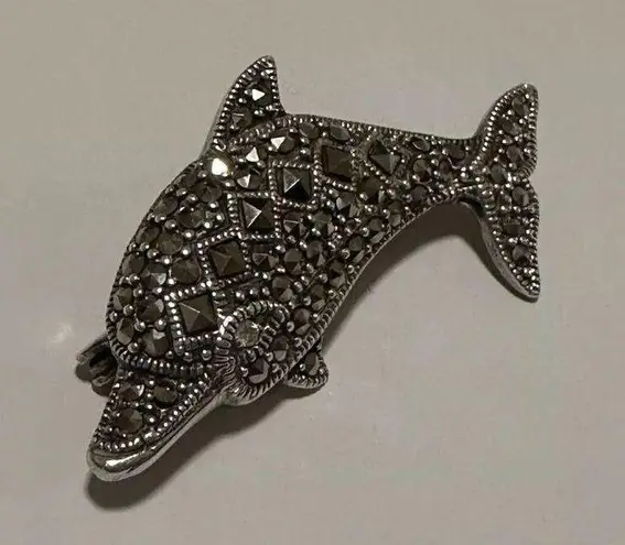 Sterling Silver Marcasite Dolphin Brooch Pin 1 7/8 Inch