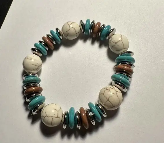 Beaded Plastic With Stone Style Stretchy Bracelet 6 1/2 Inch Blue Beige Brown