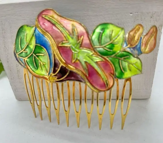 Vintage 80s Cloisonné Enamel Floral Art Noveau Hair Comb Hair Accessories Neon Blue