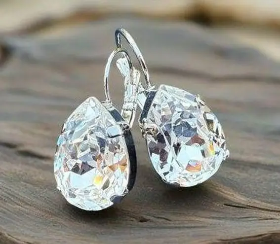 Handcrafted earrings with clear sparkly teardrop Swarovski crystal Silver