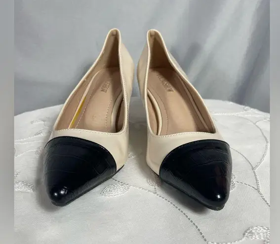 Youngshow Women’s Shoes Kitten Heel Pumps Pointed Toe Crocodile Ivory Black 8.5