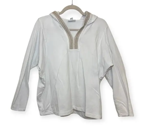 Pure Jill White Ivory Embroidered Hooded Tunic Boho Coastal Relaxed Fit S