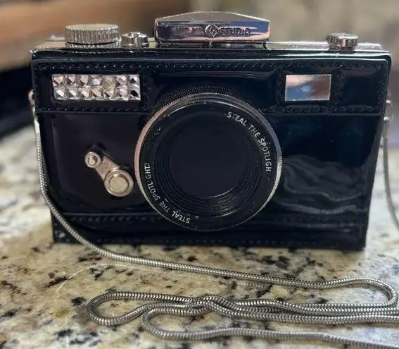 Unique and Fun Patent Black Camera Novelty small Handbag Preloved