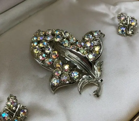 Vintage Aurora Borealis Rhinestone Brooch and Earring Set