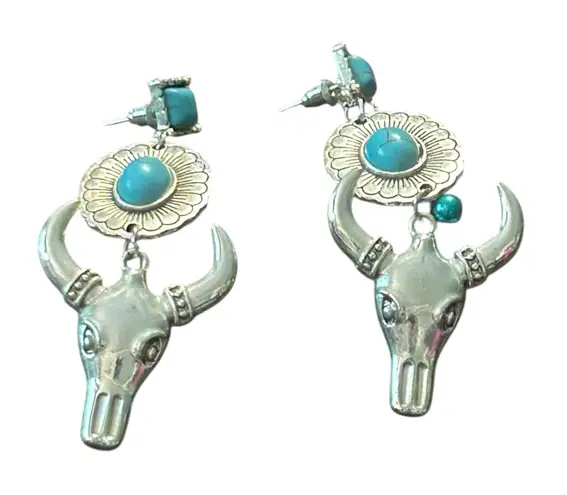 Western Turquoise Bull Skull Earrings Silver Tone Southwestern Style