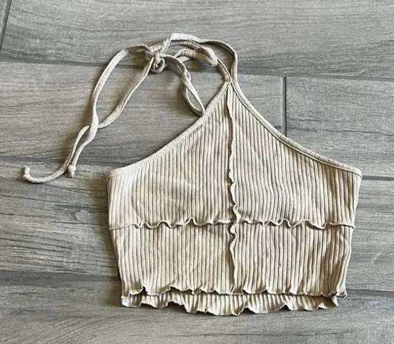 Cream Ribbed Asymmetrical Crop Tank Top White Size M